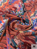 Famous NYC Designer Boho Evil Eye Inspired Printed Polyester Crepe de Chine - Coral / Purple / Dusty Teal