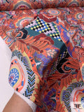 Famous NYC Designer Boho Evil Eye Inspired Printed Polyester Crepe de Chine - Coral / Purple / Dusty Teal