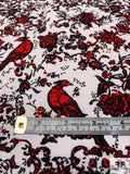 Birds and Ornate Vines Printed Polyester Crepe de Chine - Red / Black / White