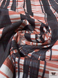 Bamboo Inspired Printed Polyester Taffeta with Slight Pleating - Rust Orange / Black / Off-White