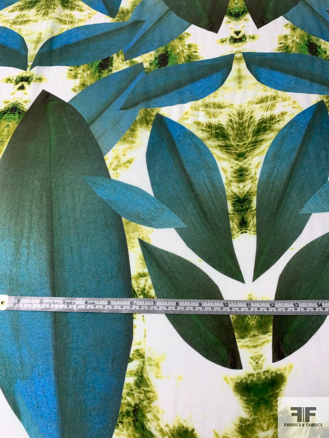 Tropical Leaf and Psychedlic Ikat Printed Rayon Crepon - Deep Teal / Greens