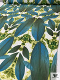 Tropical Leaf and Psychedelic Ikat Printed Rayon Crepon - Deep Teal / Greens