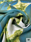 Tropical Leaf and Psychedlic Ikat Printed Rayon Crepon - Deep Teal / Greens