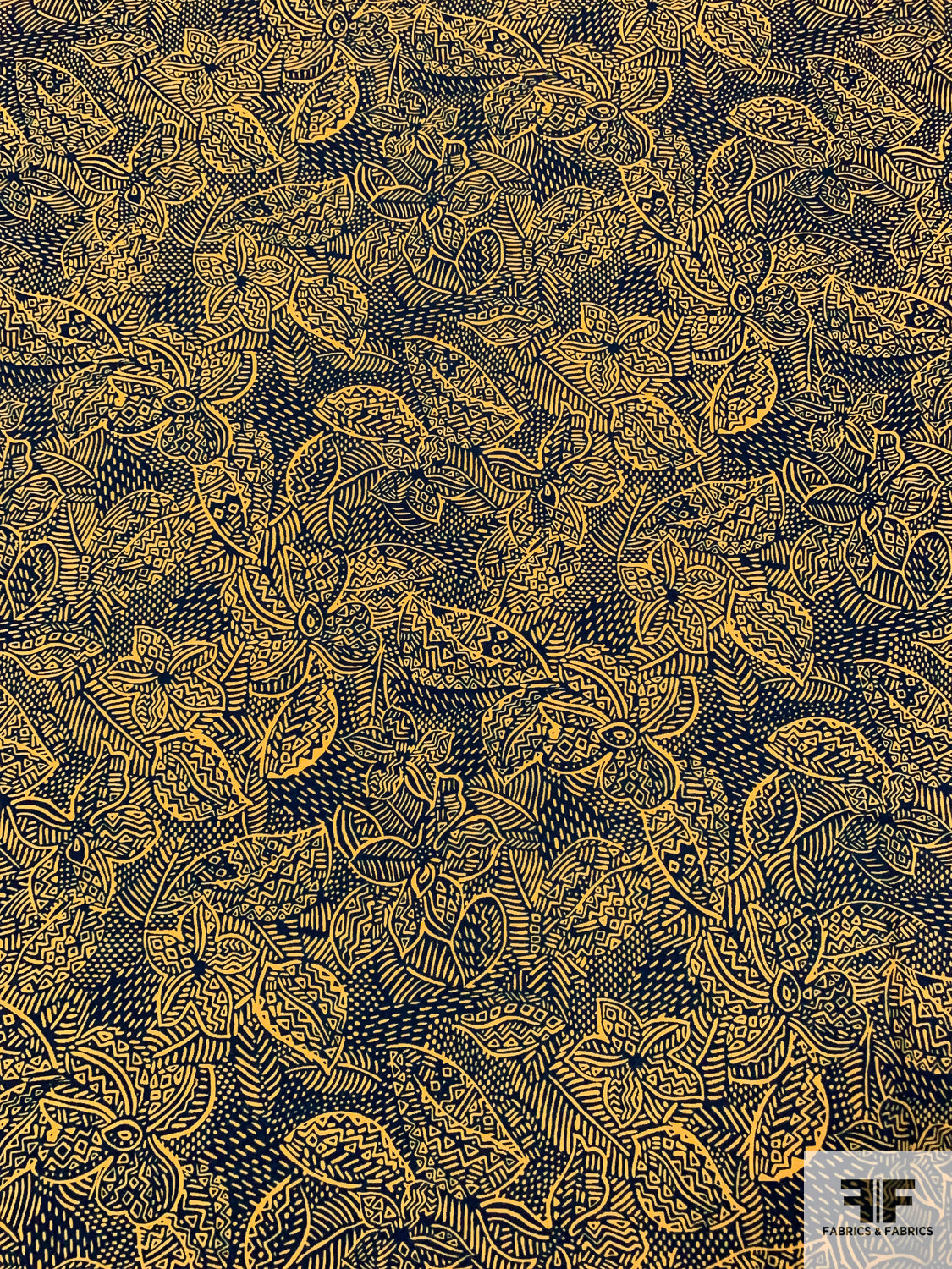 Floral Sketch Printed Heavy Polyester Pongee - Mustard / Navy