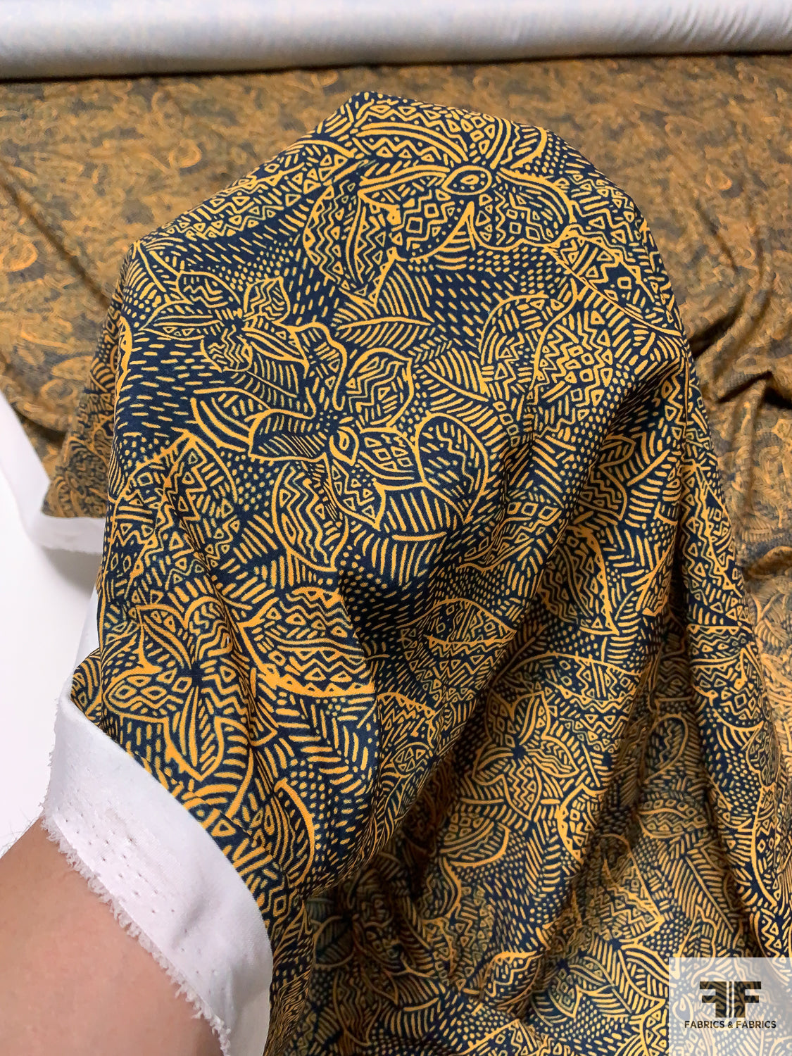 Floral Sketch Printed Heavy Polyester Pongee - Mustard / Navy