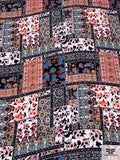 Floral Bandana Patchwork Collage Printed Polyester Georgette - Orange / Turquoise / Black / Light Peach