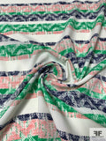 Chevron Striped Printed Textured Polyester Pique - Jade Green / Navy / Pink / Off-White
