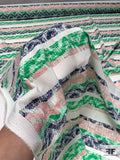 Chevron Striped Printed Textured Polyester Pique - Jade Green / Navy / Pink / Off-White