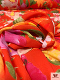 Warm Floral Printed Polyester Georgette - Hot Orange / Green / Magenta