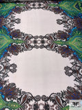 Intricate and Ornate Paisley Printed Polyester Chiffon - Greens / Turquoise / Brown / White