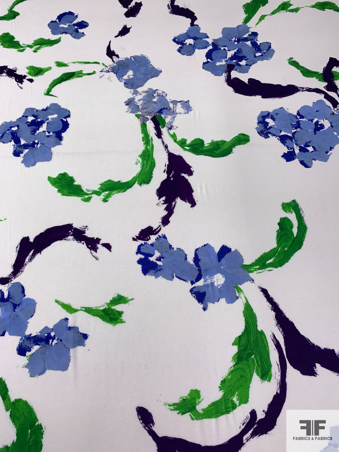 Italian Prabal Gurung Painterly Airy Floral Printed Stretch Viscose Jersey Knit - Cornflower Blue / Green / Purple / Off-White