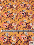 Intricate Floral Printed Heavy Polyester Georgette - Marigold Orange / Purples / Coral