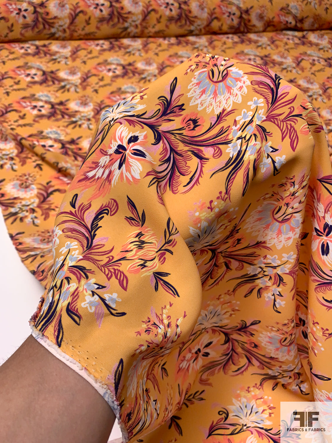 Intricate Floral Printed Heavy Polyester Georgette - Marigold Orange / Purples / Coral