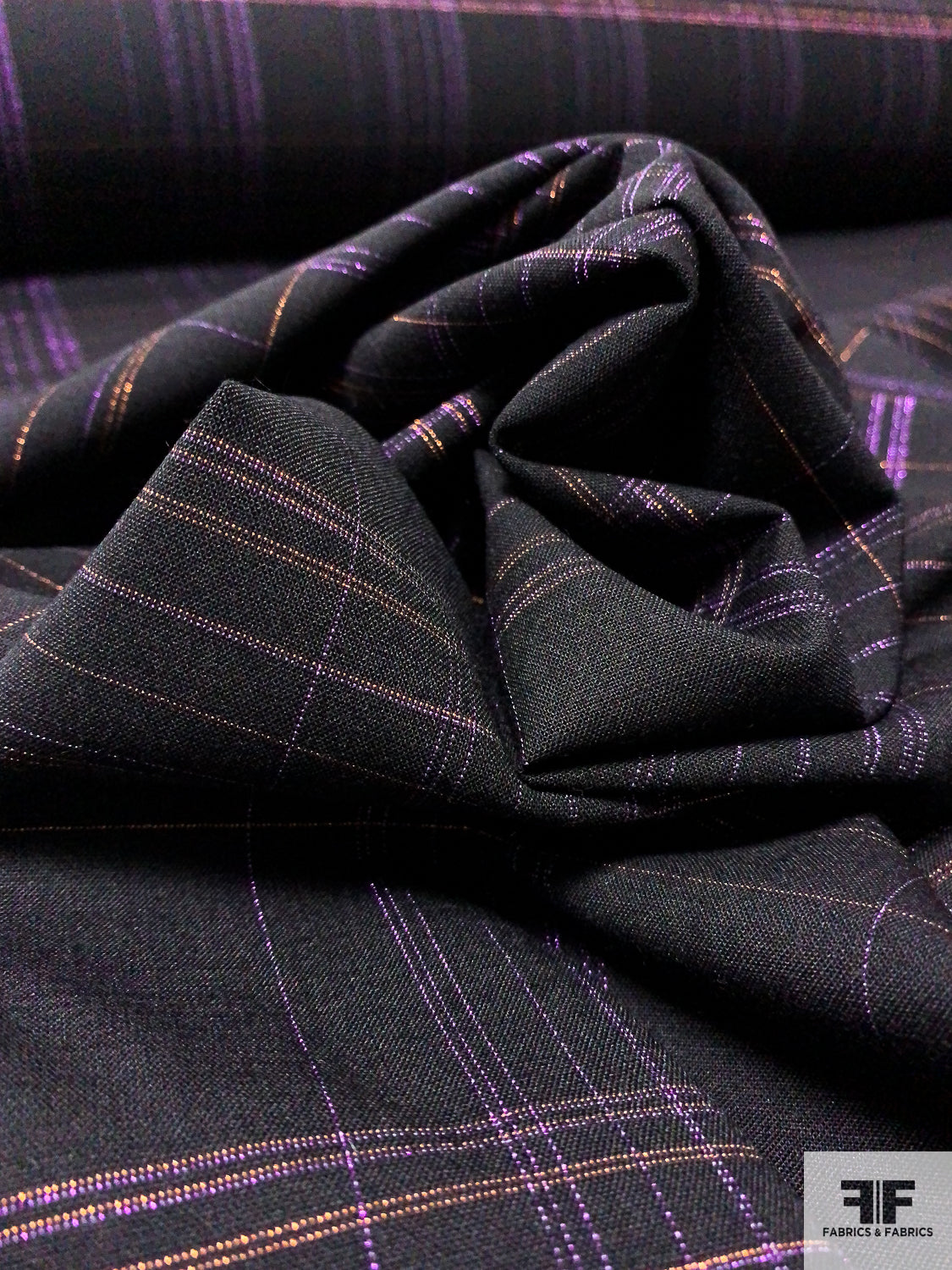 Suiting FABRICS Wool Italian Blend Prabal Fabrics | Rose & Plaid – Gurung Lines Gold - Metallic & Violet/Metallic Black/Metallic FABRICS Fabrics