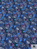 Floral Shrubs Printed Rayon Challis-Twill - Navy / Blue / Evergreen / Berry