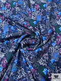 Floral Shrubs Printed Rayon Challis-Twill - Navy / Blue / Evergreen / Berry