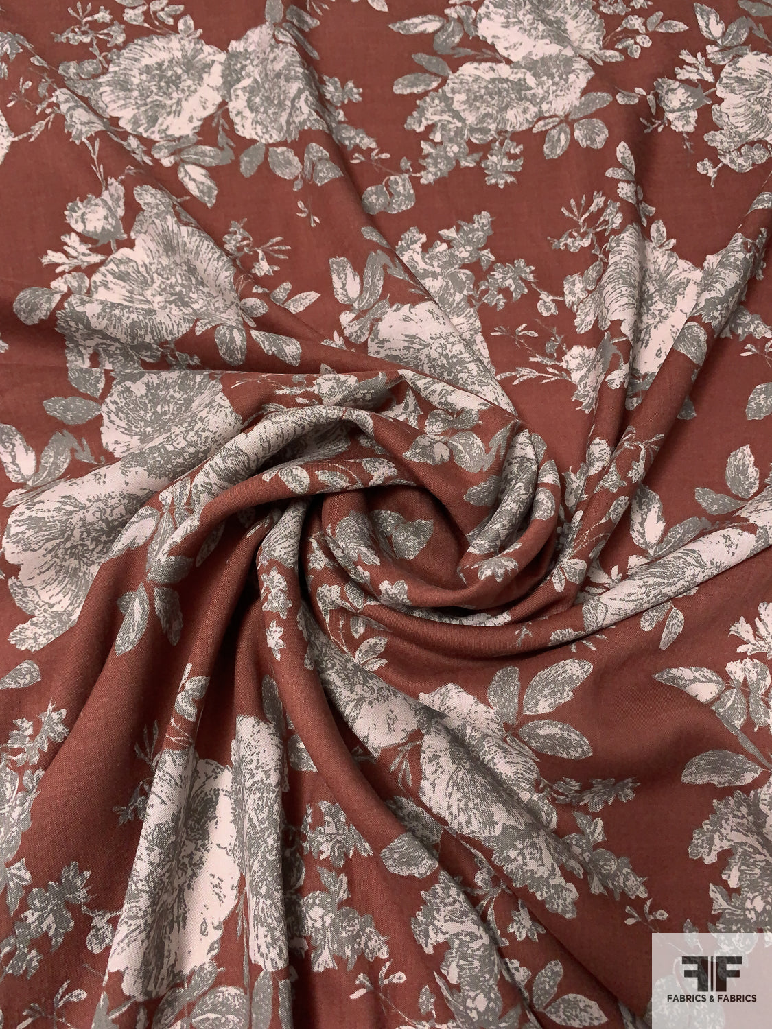 Floral Sketch Bouquets Printed Rayon Challis - Rustic Brown / Grey