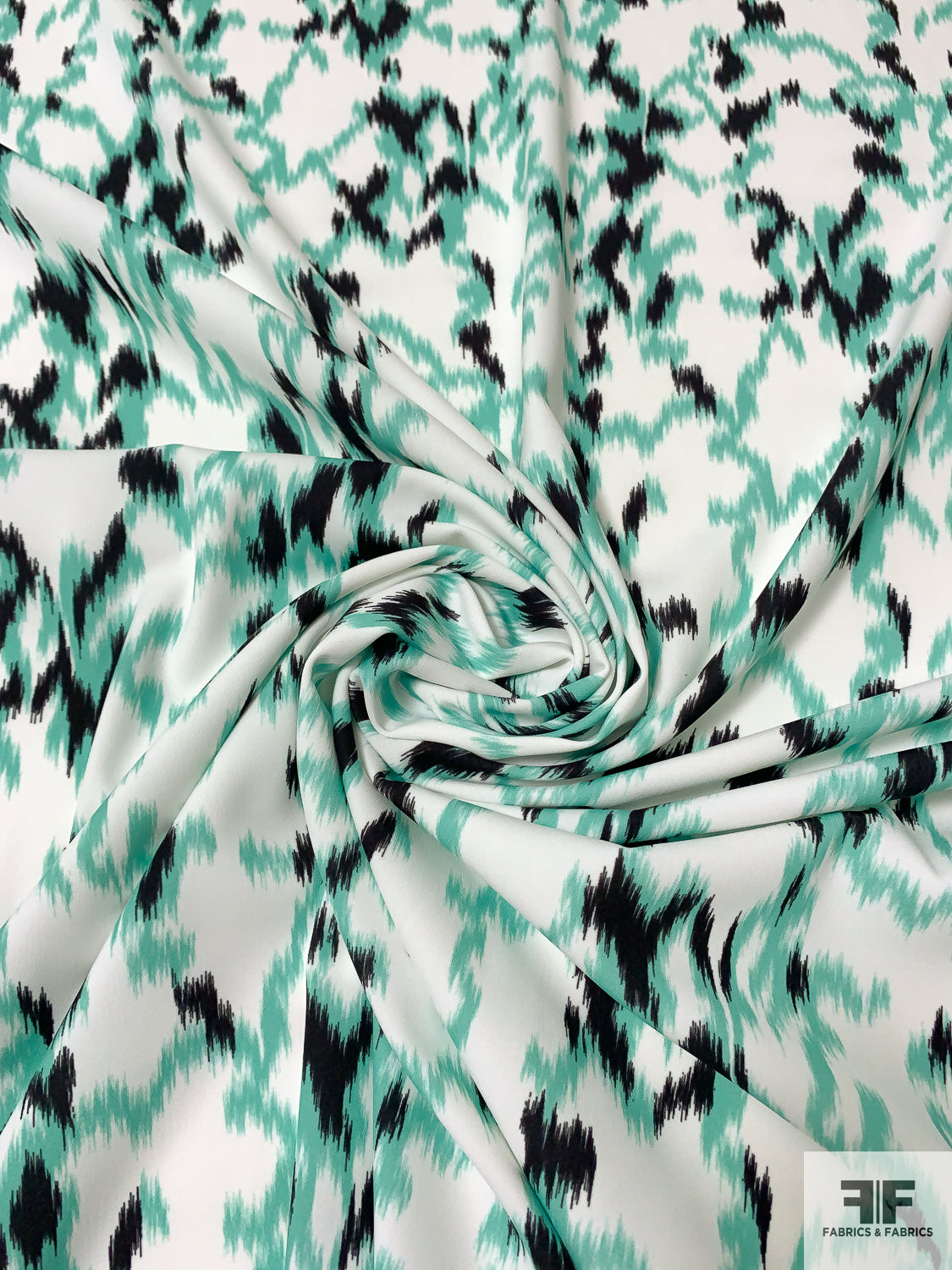 J Mendel Italian Hazy Ikat Printed Lightweight Stretch Polyester Crepe-Twill - Sea Grean / Black / Off-White