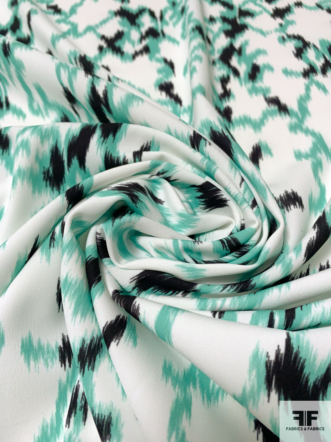 J Mendel Italian Hazy Ikat Printed Lightweight Stretch Polyester Crepe-Twill - Sea Grean / Black / Off-White