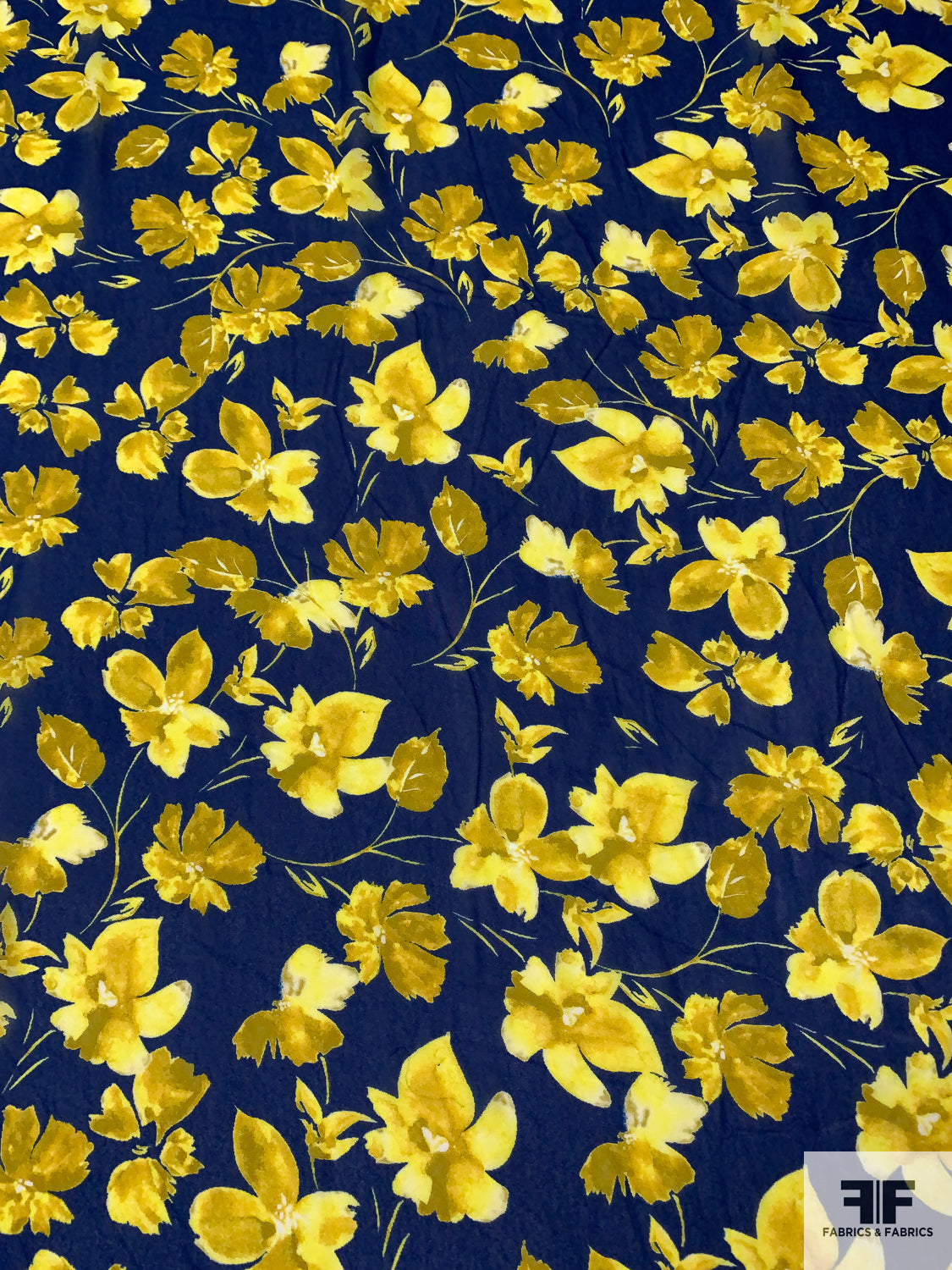 Floral Leaf Printed Fine Rayon Georgette - Navy Blue / Yellow