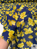 Floral Leaf Printed Fine Rayon Georgette - Navy Blue / Yellow