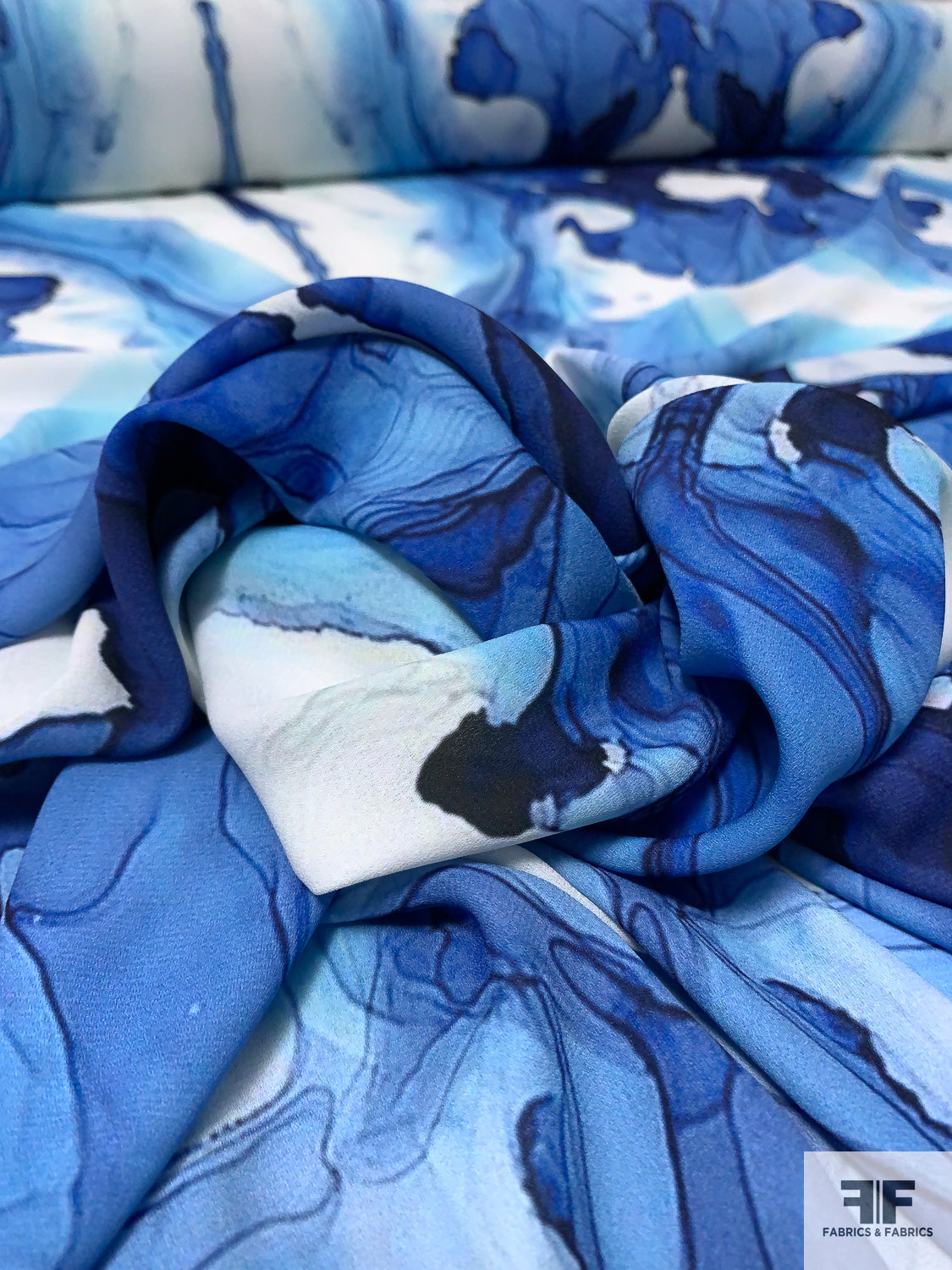 Alcohol Ink Pattern Printed Polyester Georgette - Shades of Blue / Off-White