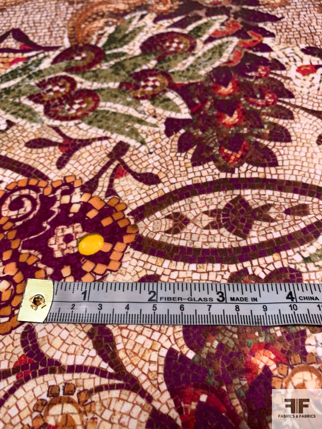 Italian Mosaic Paisley Inspired Printed Soft Viscose Satin - Dirty Orange / White Red / Forest Green