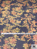 Leafy Branches Printed Polyester Chiffon - Navy / Golden Yellow / Orange