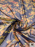 Leafy Branches Printed Polyester Chiffon - Navy / Golden Yellow / Orange