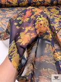 Leafy Branches Printed Polyester Chiffon - Navy / Golden Yellow / Orange