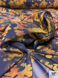 Leafy Branches Printed Polyester Chiffon - Navy / Golden Yellow / Orange