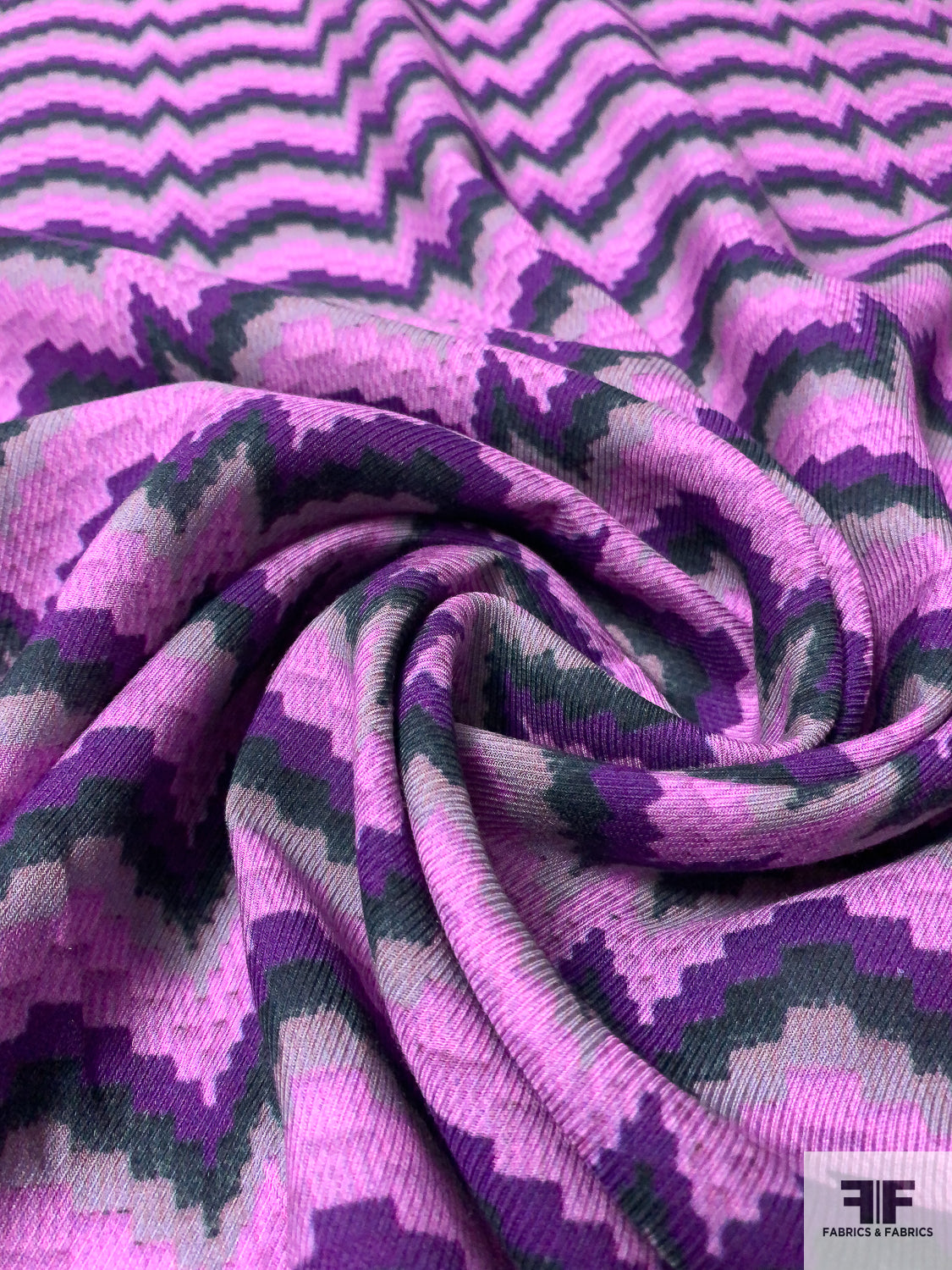 Pixelated Broken Chevron Printed Rayon Challis - Orchid / Purple / Navy
