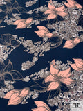 Trailing Floral Printed Polyester Crepe Georgette - Smokey Navy / Blush Pink / Taupe