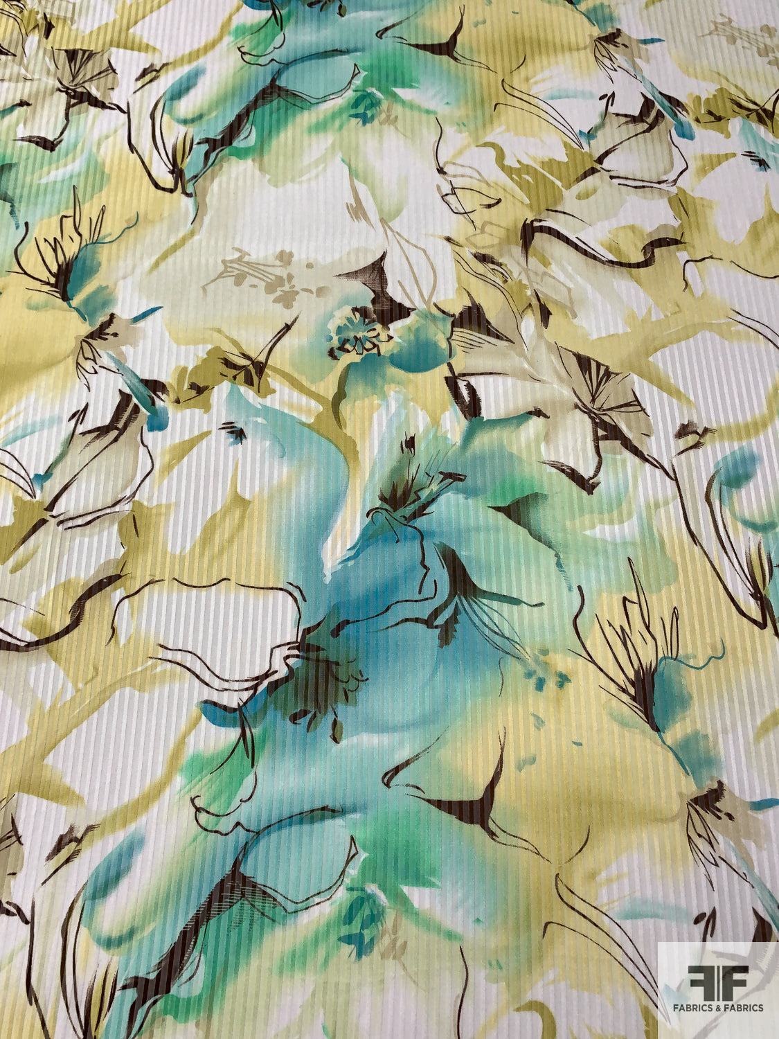 Watercolor Floral Printed Satin Striped Polyester Chiffon - Pastel Chartreuse / Ocean Greens / Ivory