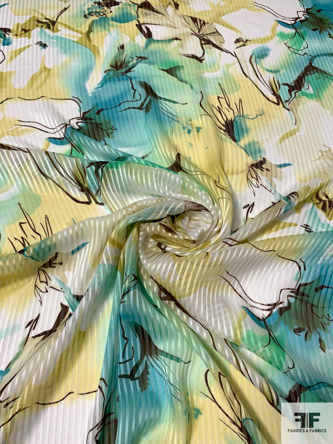 Watercolor Floral Printed Satin Striped Polyester Chiffon - Pastel Chartreuse / Ocean Greens / Ivory