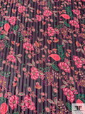 Floral Paisley Printed Shadow Striped Poly Chiffon - Plum / Pink / Green
