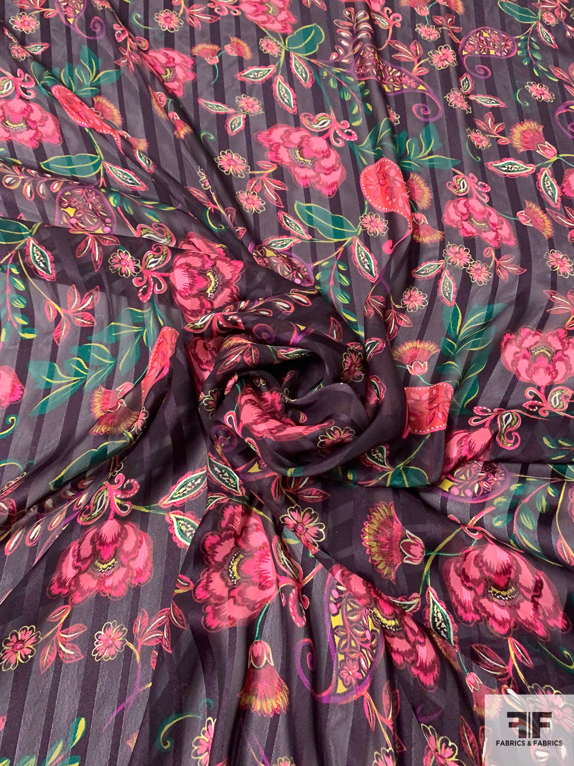 Floral Paisley Printed Shadow Striped Poly Chiffon - Plum / Pink / Green