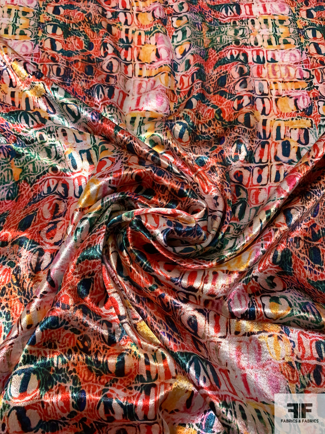 Abstract Animal-Like Pattern Printed Stretch Polyester Satin - Multicolor