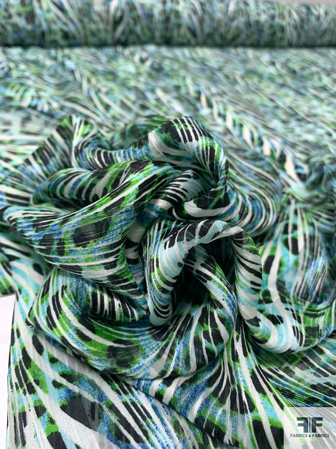 Animal Pattern and Streaky Lined Shadow Stripe Satin Polyester Chiffon - Turquoise / Green / Black / Off-White