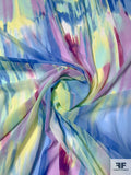 Painterly Strokes Printed Polyester Chiffon - Blues / Lilacs / Pastel Yellow