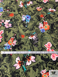 Emo Punk and Floral Collage Printed Stretch Polyester Mini-Crepe - Olive Green / Black / Coral