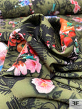Emo Punk and Floral Collage Printed Stretch Polyester Mini-Crepe - Olive Green / Black / Coral