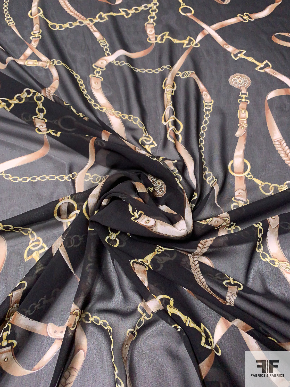 Belted Chains Printed Polyester Chiffon - Black / Gold / Tan