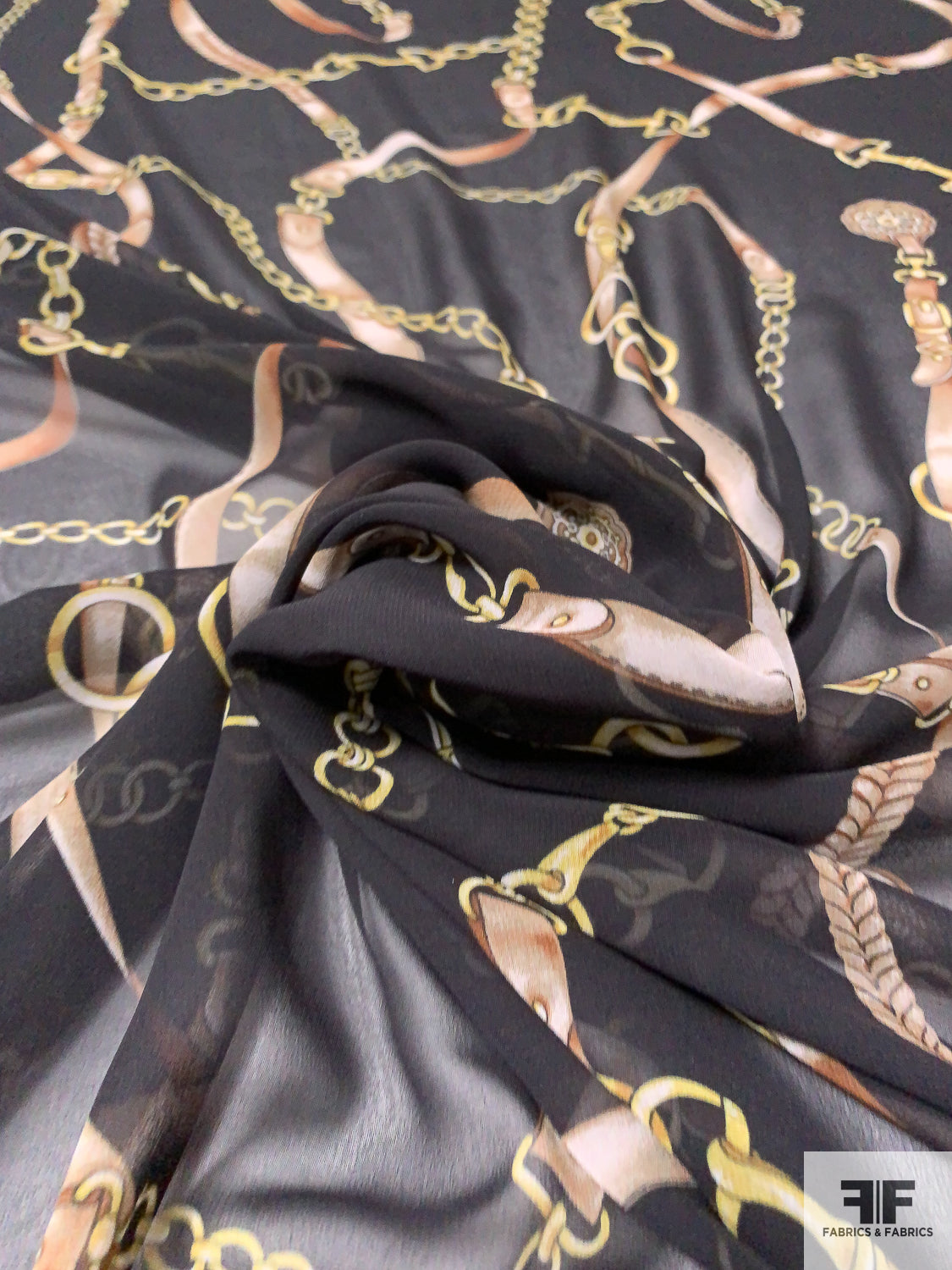Belted Chains Printed Polyester Chiffon - Black / Gold / Tan