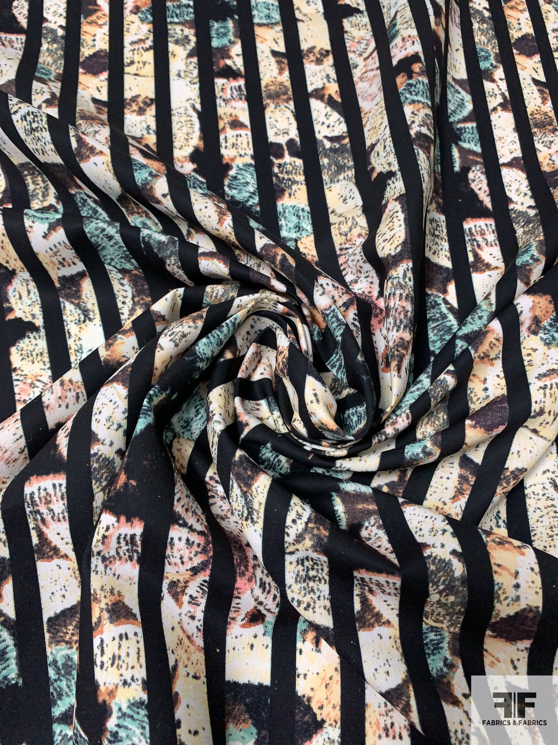 Barred Floral Printed Polyester Crepe - Black / Seafoam / Earth Tones