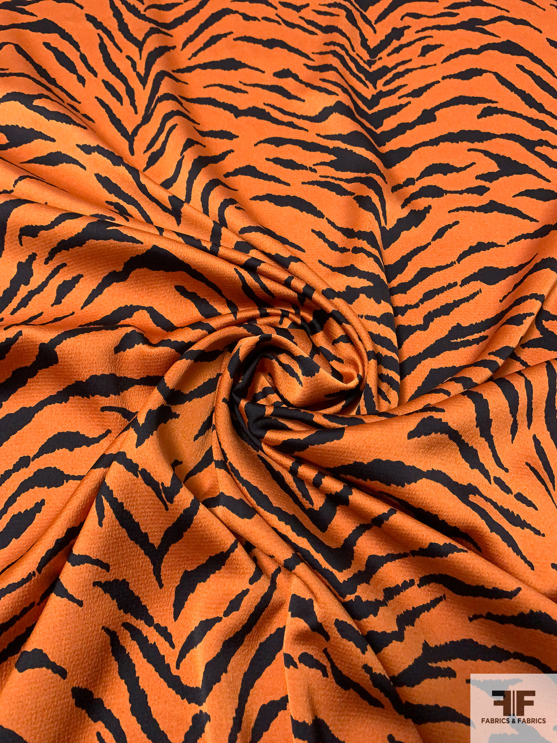 Tiger Printed Hammered Polyester Charmeuse - Burnt Orange / Black