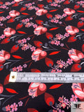 Floral Print with Border Pattern Polyester Crepe-Twill with Mechanical Stretch - Reds / Pinks / Black