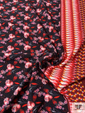 Floral Print with Border Pattern Polyester Crepe-Twill with Mechanical Stretch - Reds / Pinks / Black