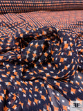 Geometric Lattice Printed Polyester Chiffon - Highlighter Orange / Navy / White