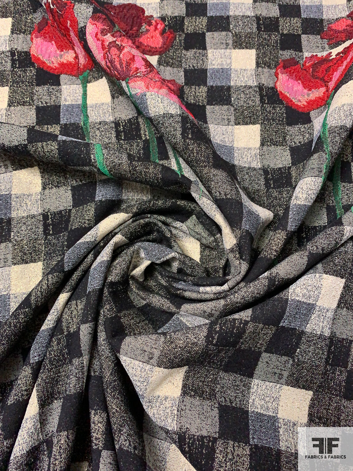 Checkered Italian Pattern Italian Floral and Checkered Metallic Brocade Panel - Black/Cream/Grey ...